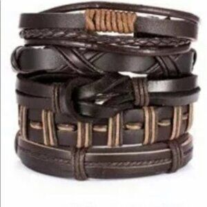 Leather Brown & Black Braided & Bead Men's Bracelet Set